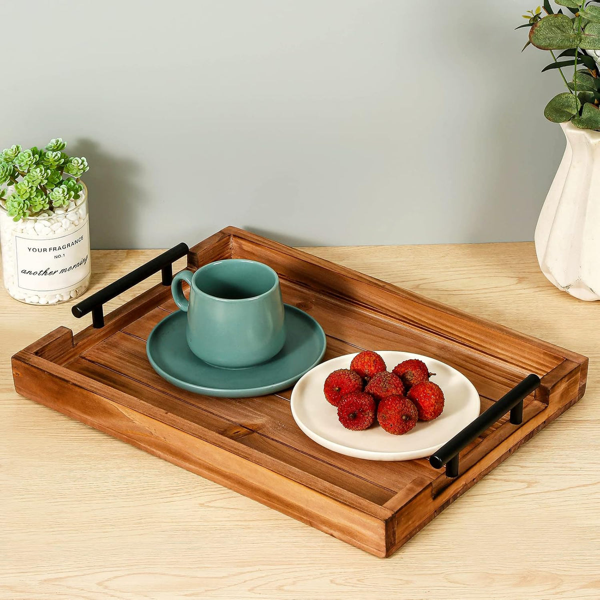 Coffee Table Tray Decorative Nested Vintage Wood Serving Tray Set for Eating, Breakfast, Party, Kitchen, Ottoman