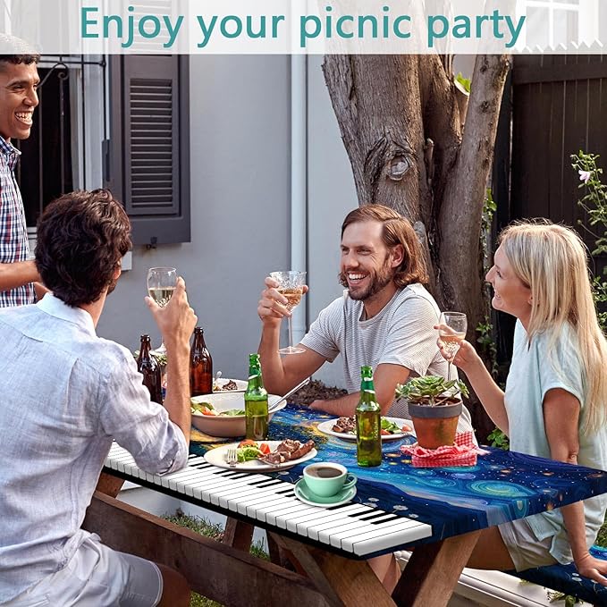 Piano Keyboard Picnic Table Cover with Bench Covers, Camping Essentials, Whirlpool Star Tree Flower Waterproof Windproof, Fitted Tablecloth Cover with Elastic Edge for Outdoor Garden 3 PCS 30x96 Inch