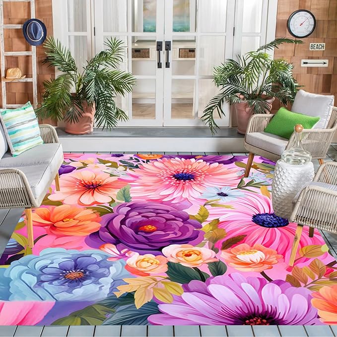 Outdoor Flower Rug with Anti Slip Backing Vibrant Waterproof 5x7 Area Rugs for Patio Deck Balcony Camping Garden Porch Large Floral Outside Carpet Blue Pink Purple Aesthetic Thick Mat