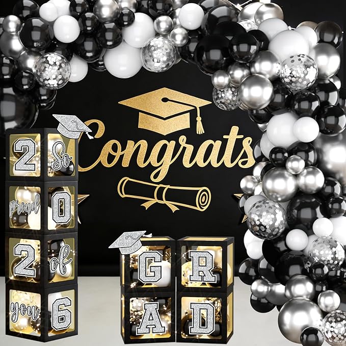 Graduation Decorations Class of 2026,Black and Silver Graduation Decorations 2026,Grad Boxes with Letters 2026 So Proud of You & Grad 2026 for College Graduation Party Supplies
