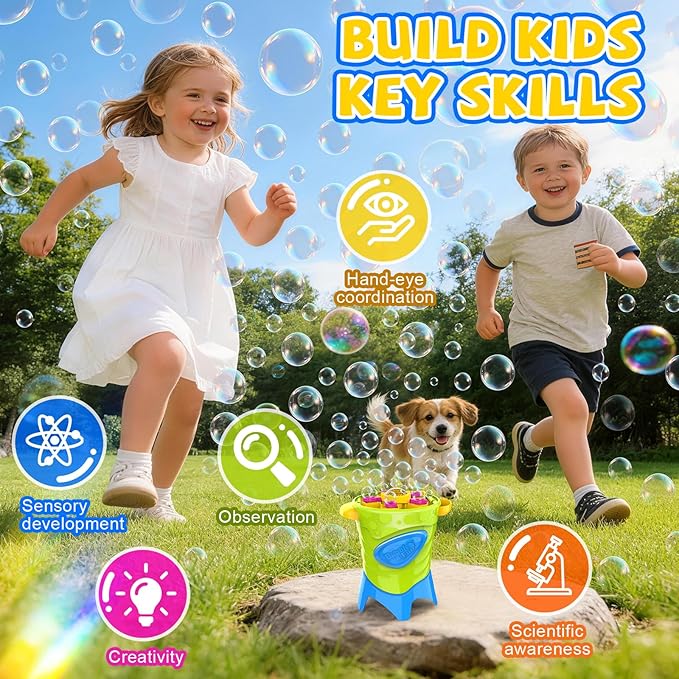 Automatic Bubble Machine for Kids - High Output Bubble Maker with 20000 Bubbles Per Minute - Includes 4 Solutions for Outdoor Toddler Toys and Backyard Parties