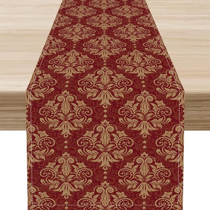 Red Damask Table Runner, Rustic Gothic Baroque Style Floral Boho Flower Antique Coffee Vintage Retro Table Center Decor for Kitchen and Dining Outdoor Home Country Party Table Decorations, 13"x72"