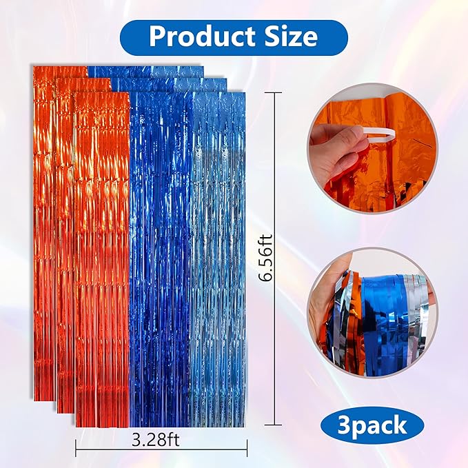 BEISHIDA 3Pcs Orange Blue Door Streamer Backdrop Foil Fringe Tinsel Curtains Backdrops for Bluey Birthday Decorations Blue Dog Party Supplies (3.28 ft x 6.56 ft)