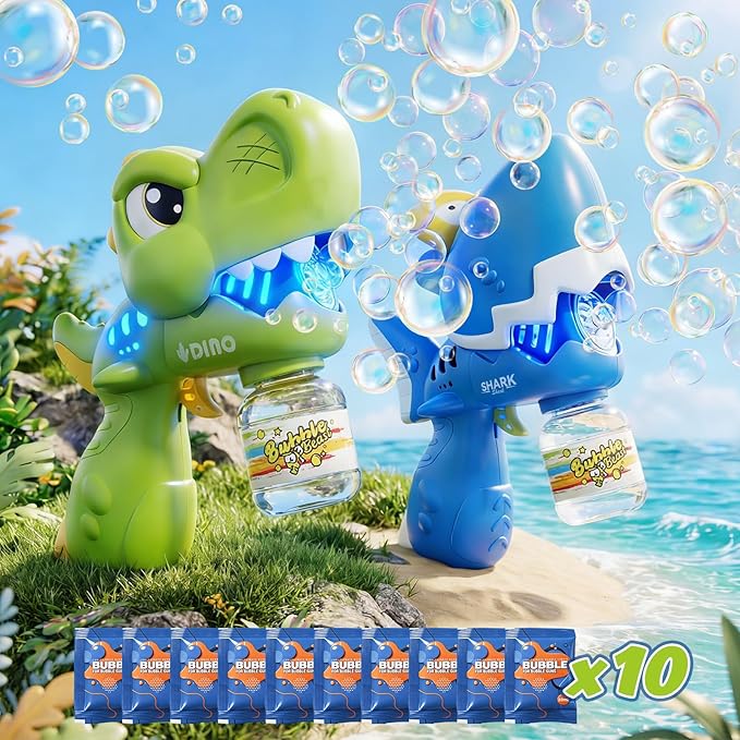 Bubble Guns for Toddlers 1-3, 2 Pack Movable Mouth Dino & Shark Bubble Machine Toys, Chomping Action Automatic Bubble Blaster w/LED Lights & 10 Refills, Rechargeable Outdoor Party Gifts for Ages 3-8