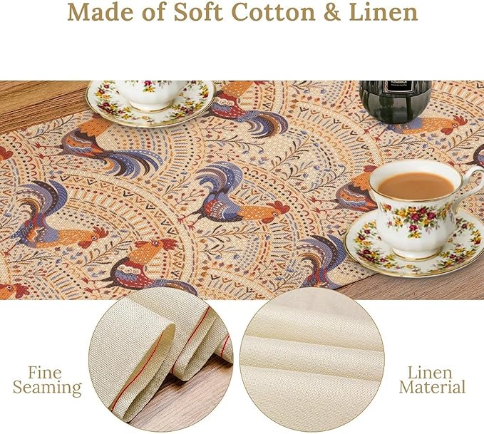 Cute Roosters Table Runner, Boho Rustic Cock Chicken Vintage Arch Floral Plants Print Table Cover for Holiday Kitchen Dining Table Indoor Outdoor Home Party Decor, 13x70inch