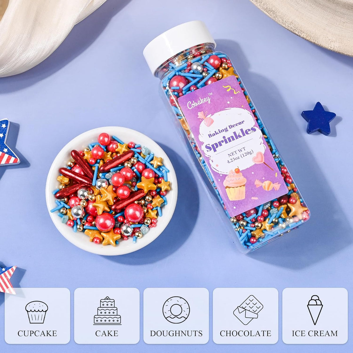 Cobakey Patriotic Sprinkles for Baking, 4th of July Sprinkles With Gold Star, Perfect for Independence Day Dessert Party 4.23 Ounce