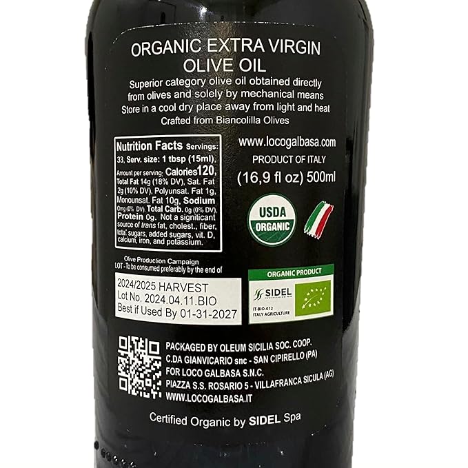 Galbasa - Organic Olive Oil from Sicily, Italy - Extra Virgin, First Cold Pressed, Early Harvest - Polyphenol Rich, Peppery Finish, No Pesticides
