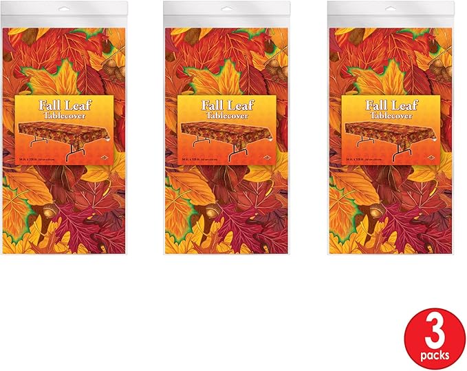 Beistle Fall Leaf Tablecovers, 54” x 108”, 3 Pieces – Plastic Table Cloth, Rectangular Tablecloth
