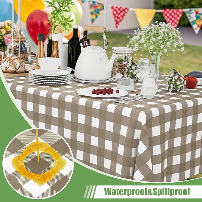 Smiry 10 Pack Khaki Gingham Disposable Tablecloths - 54" x 108" Heavy Duty Plastic Table Cloth, Waterproof Buffalo Plaid Table Covers for Picnic, Banquets, Outdoor Parties