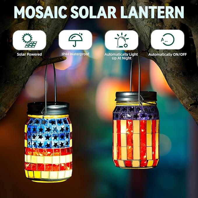 VOREEN Solar Powered Mosaic Mason Jar Lights, Colorful Stained Glass Lanterns for Outdoor Garden Decor, 2 Pack ,National Flag
