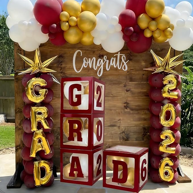 2026 Graduation Decorations - 4Pcs Maroon Balloon Boxes with Letters 2026&Grad for Preschool Kindergarten Middle High School College Graduation Party Decorations Class of 2026