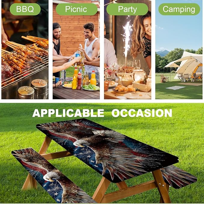 ANNA QUEEN Eagle Flag Independence Day Picnic Table Cover 6FT with Bench Covers Picnic Table Cover Set 3PCS 72"x30", Outdoor Bench and Tablecloth Furniture Protection