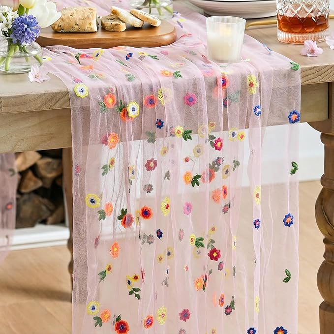 Artoid Mode Pink Embroidery Daisy Gauze Table Runner 120 Inch 10FT, Seasonal Sheer Kitchen Dining Holiday Wedding Birthday Table Decor for Home Party