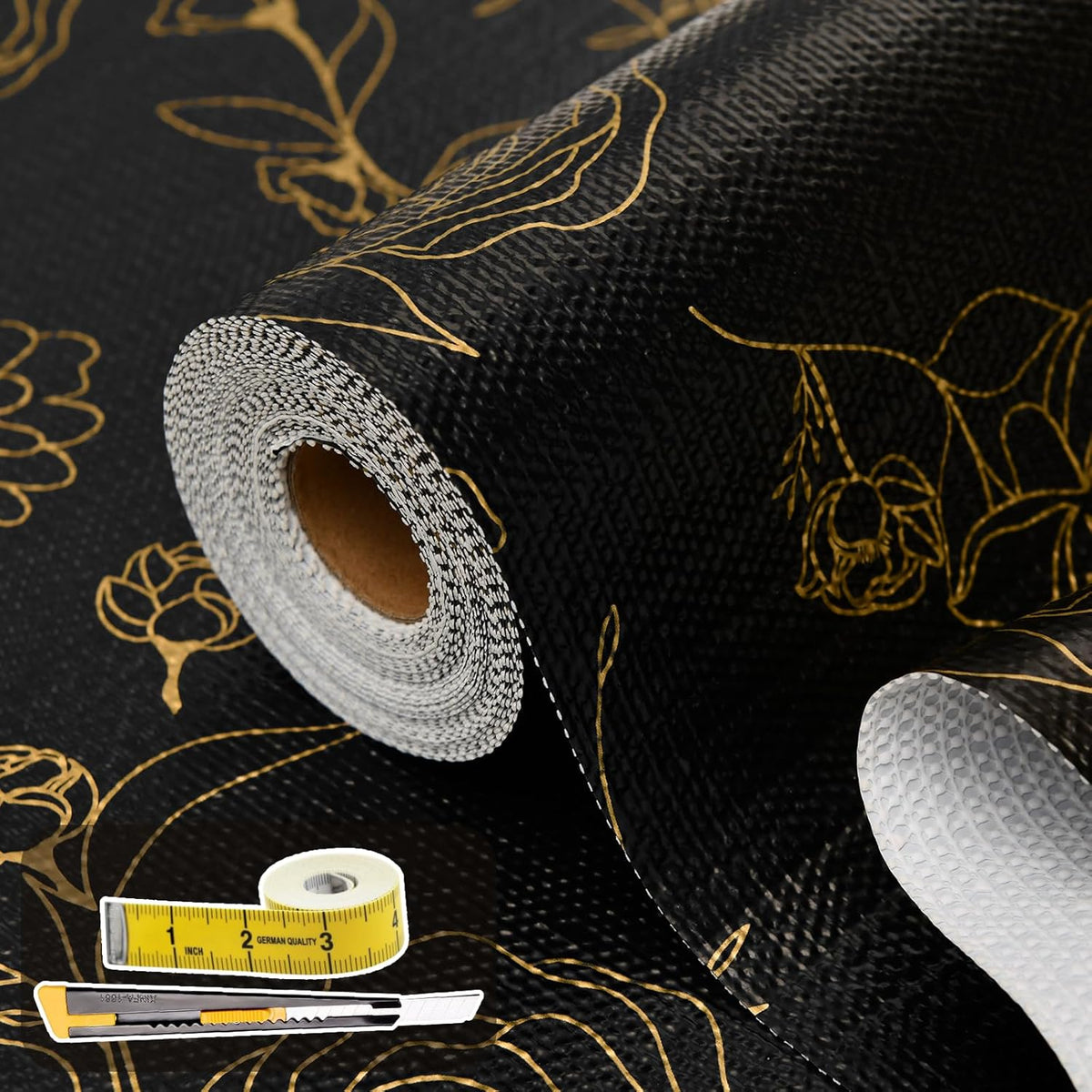 Shelf Liners for Kitchen Cabinets 12in x 20FT Non Adhesive Drawer Liner Black Floral Thickened Shelf Liner Paper Strong Non-Slip Easy to Clean for Tool Box Refrigerator with Knife and Tape Measure