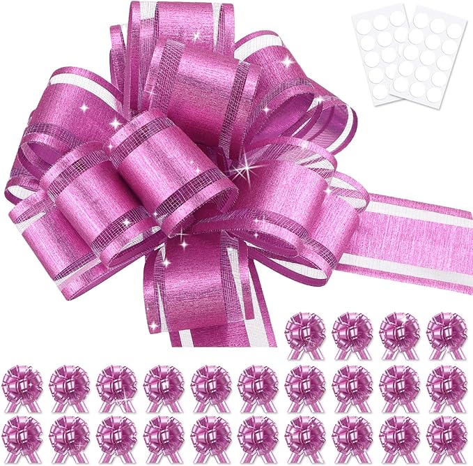 24pcs Pink Pull Bow for Gift Basket Wrapping Xmas Gift Bows Presents Adhesive Wrap Ribbon Bow for Christmas Tree Bottles Bouquet Flower Valentine's Day Party Decor (Pink-G)