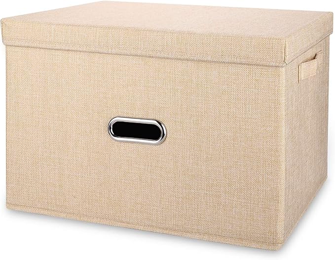Linen Fabric Collapsible Storage Bins with Removable Lids and Handles, Washable Storage Box Containers Baskets Cube with Cover for Bedroom,Closet,Office,Living Room,Nursery (Khaki, Small)