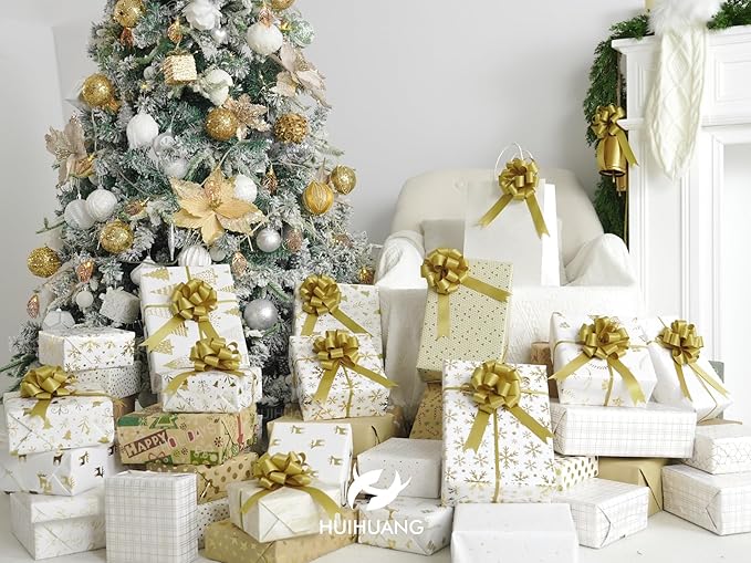 HUIHUANG Gold Christmas Bows for Gift Wrapping 12 PCS Gold Pull Bows 4" x 8" Satin Gift Bow for Presents, Gift Basket, Paper Bag, Wrapping Accessories, Wreaths, Wedding Christmas Decor
