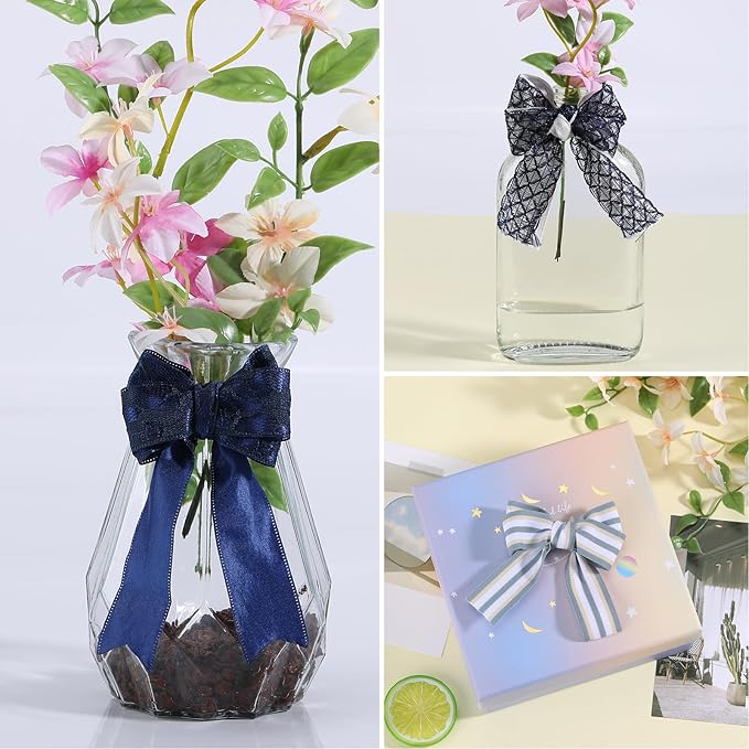 BEEFLYING 3 Styles Navy Blue Wire Edged Ribbons for Gift Wrapping Decoration 25~28mm×2.7m Organza Lace Ribbons Fabric Ribbons for Wedding Party Hair Bows Flower Designs Sewing and Craft, 9 Yards