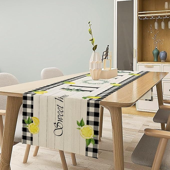 Lemon Fruit Home Table Runner,Vintage Farmhouse Rustic Black White Buffalo Plaid Dining Table Decoration for Home Holiday Party Dresser Kitchen Cabin Restaurant Wedding Decor 13×60in
