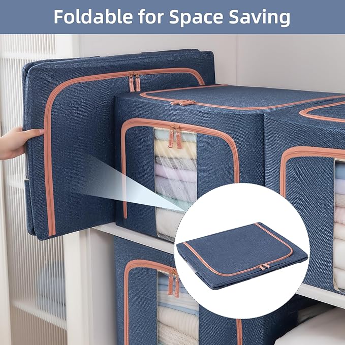 GuliPostan 3 Pack 100L Stackable Clothes Storage Bins with Metal Frame Handles & Zipper, Collapsible Closet Organizer Box with Lid for Bedding Blankets Towel (Navy)