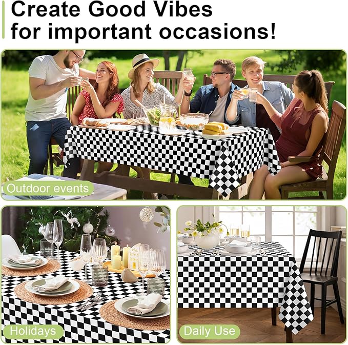 QIKSION Checkered Tablecloth Disposable 3 Pack, 54 x 108 Inch Black and White Checkered Flag Table Cloth for Race Car Decorations, Birthday Party Supplies, Rectangle, Plastic Table Cover