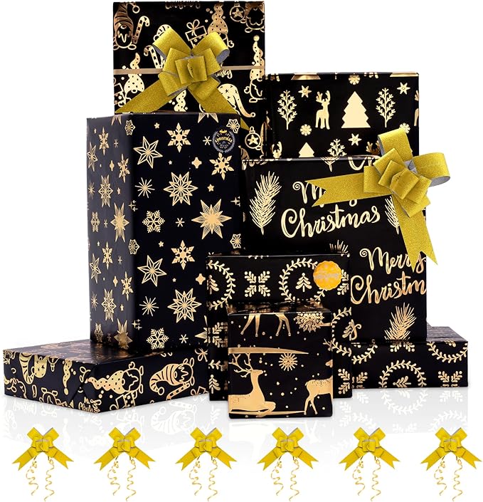 Larcenciel Metallic Christmas Wrapping Paper Set, Black and Gold Holiday Gift Wrapping Paper w/Gift Bow Sticker, Gnome Snowflake Deer Glitter Foil Xmas Gift Wrap for Winter Nightmare, 6 Sheets 28x20in