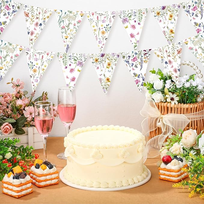 5 Pieces Wildflower Baby Shower Decorations Spring Wildflower Garland Paper Pennant Wedding Garland Triangle Banner for Wedding Bridal Shower Outdoor Decoration