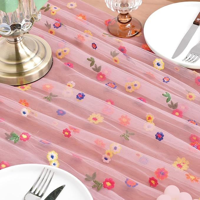 Joanlody Blushing Pink Embroidery Daisy Mother's Day Table Runner Florals Seasonal Easter Tulle Table Runner Holiday Kitchen Dining Table Decoration for Home Party Indoor