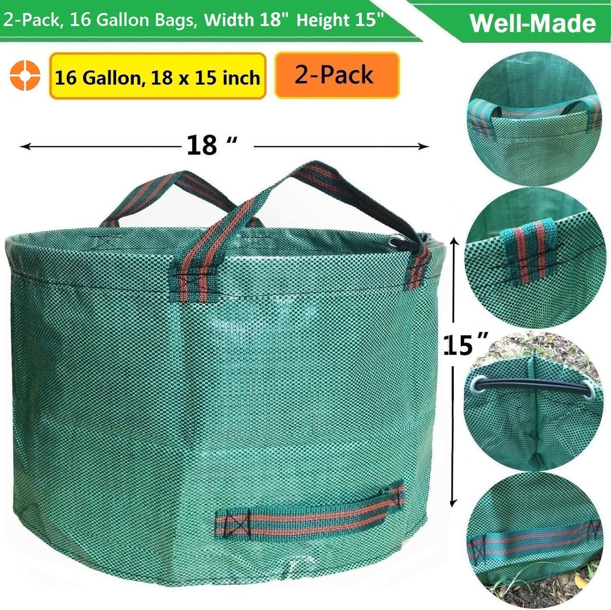 Standard 2-Pack 16 Gallon Yard Lawn Garden Bags (D18, H15 inch) with Gardening Gloves, Yard Waste Bags,Patio Debris Container,Camping Trash Bin,Recycling Bag,Laundry Bin,Lawn Weeds,Leaf Bags 4 handles