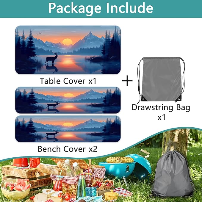 3 PCS Picnic Table Cover with Bench Covers & Storage Bag, Waterproof Fitted Camping Tablecloth with Elastic, 30x96 Inch, Sunset Mountain Lake Deer Forest Print, Indoor Outdoor Patio RV Party Table