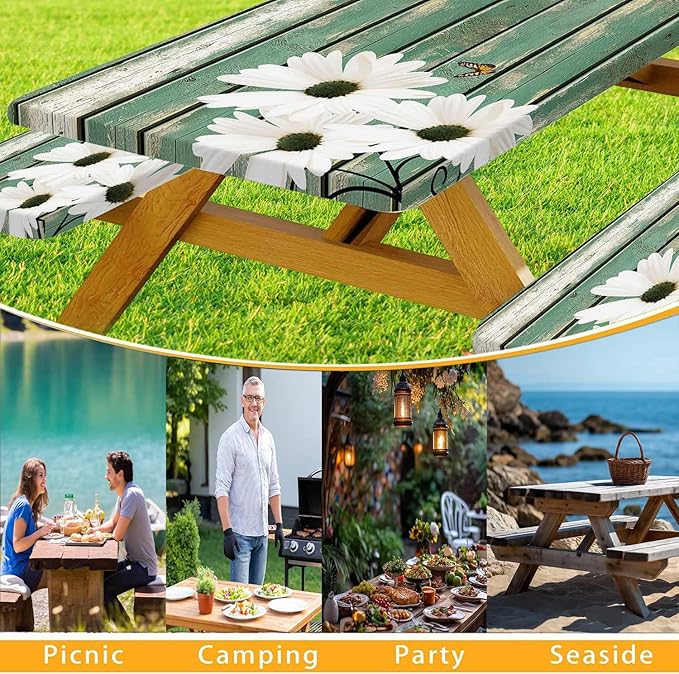 Picnic Table Cover with Bench Covers Daisy Flowers Wooden Floral Waterproof Windproof Fitted Outdoor Tablecloth with Elastic Rectangle Table Cloth Camping Accessories,96x30 Inch