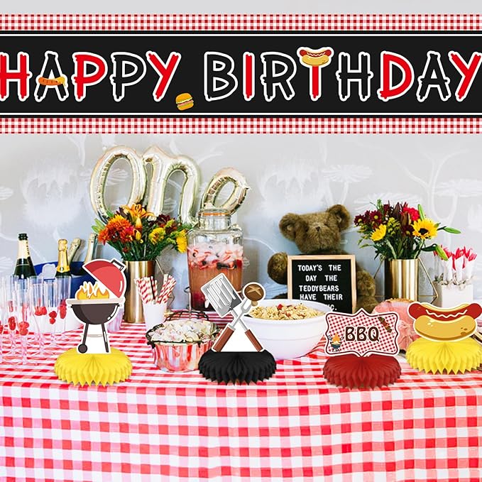 9PCS BBQ Party Decorations BBQ Baby Shower Table Centerpieces Picnic Decorations Honeycomb Table Toppers for Baby Q Baby Shower Decorations Summer Birthday Party