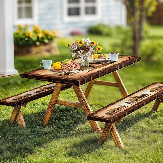 30X60 Inch Brown Deer Picnic Table Cover with Bench Cover and Drawstring Bag, Waterproof Washable Fitted Outdoor Tablecloth Rectangular Elastic Edged for Camping Outdoor Travel, 3 Pieces Set