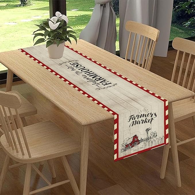 Farmhouse Table Runner, Rustic Country Barn Cottage Rooster Check Animal Plank Coffee Table Center Decor for Home Kitchen Dining Patio Holiday Party Indoor Outdoor Table Decorations 13"x36"