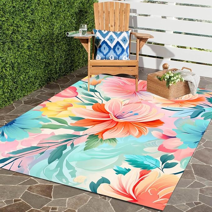 Washable Outdoor Rug with Floral Texture 3x8 Waterproof Non Slip Vibrant Area Rugs for Patio Deck Garden Balcony Large Flower Print Camping Porch Backyard Outside Carpet Aqua Pink