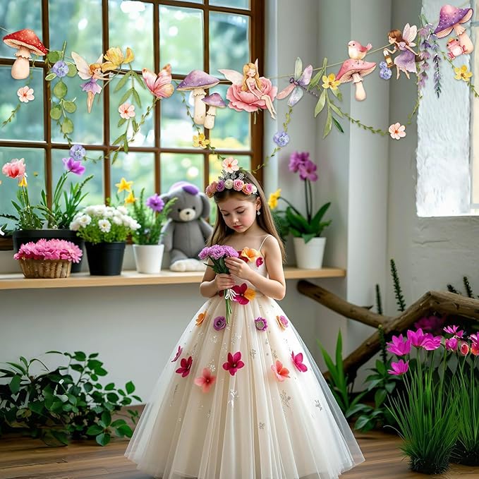 Fairy Mushroom Banner Wildflower Party Decorations Paper Flower Leaves Banner Fairy Garland for Wall Decoration Spring Baby Shower Wedding Backdrop Decorations