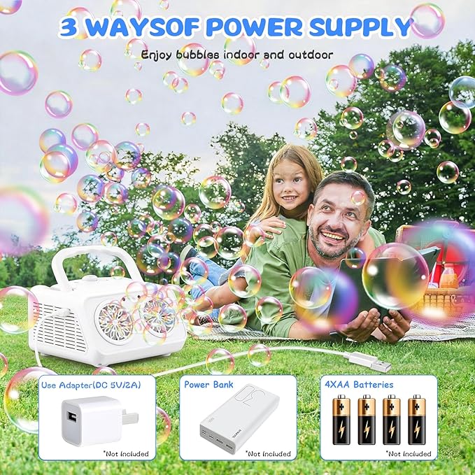 SHCKE Automatic Bubble Machine Upgrade Bubble Blower with 2 Fans,20000+ Bubbles Per Minute, USB-C or Battery Powered,Sealed Bottle, Portable Bubble Maker for Birthday Party Pool Wedding Outdoor