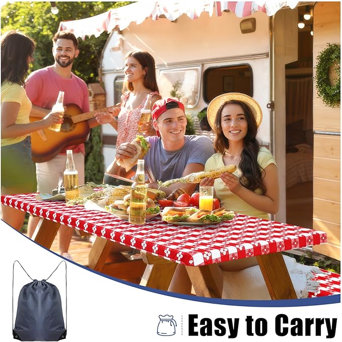 Smiry Picnic Table Cover with Bench Covers, Waterproof Elastic Fitted Tablecloth for 5 Foot Tables, Washable Polyester Tablecloths for Camping, Indoor & Outdoor (Red & White, 30x60 Inch 3-pc Set)