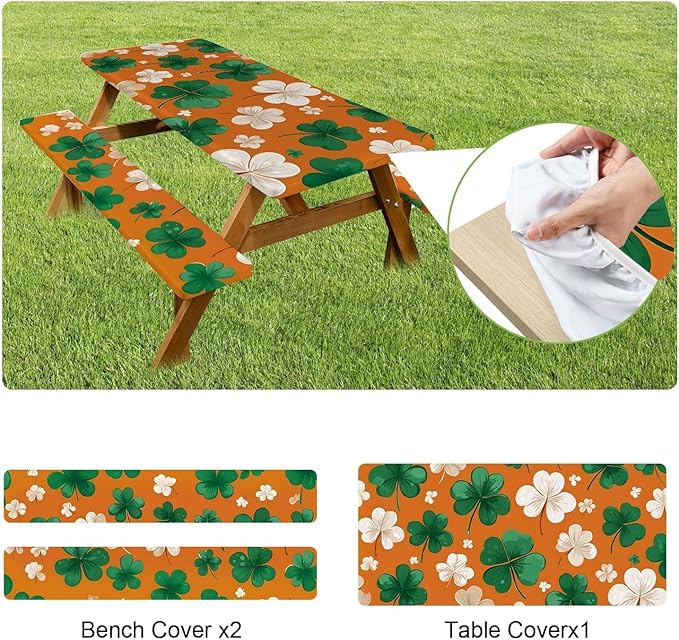 ANNA QUEEN 6FT Four Leaf Clover Orange St. Patrick's Picnic Table Cover with Bench Covers Picnic Table Cover Set 3PCS 72"x30", Outdoor Bench and Tablecloth Furniture Protection