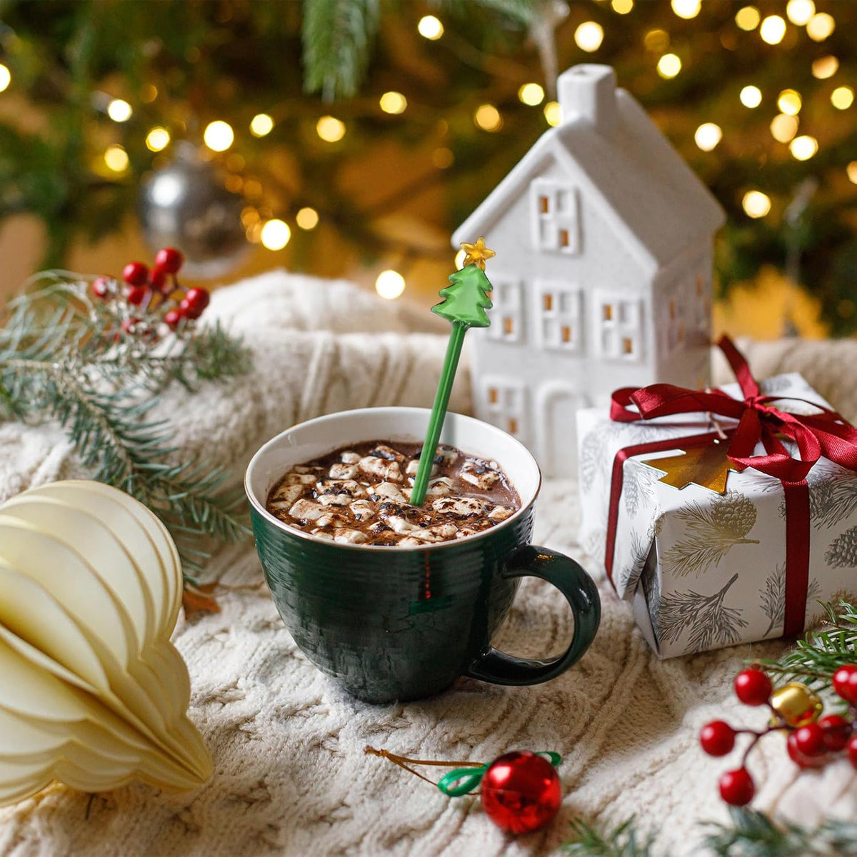 12 Pcs Christmas Glass Drink Stirrers 7 Inch Xmas Stir Sticks Reusable 3D Coffee and Cocktail Stirrers Hot Cocoa Bar Supplies for Holiday Party Favors (Christmas Tree)