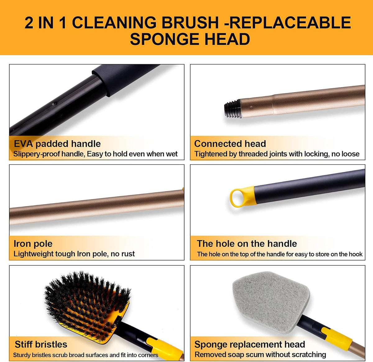 Yocada Tub Tile Scrubber Brush 2 in 1 Cleaning Brush 58.2 Inch Adjustable Telescopic Pole Stiff Bristles Scouring Pads for Cleaning Bathroom Kitchen