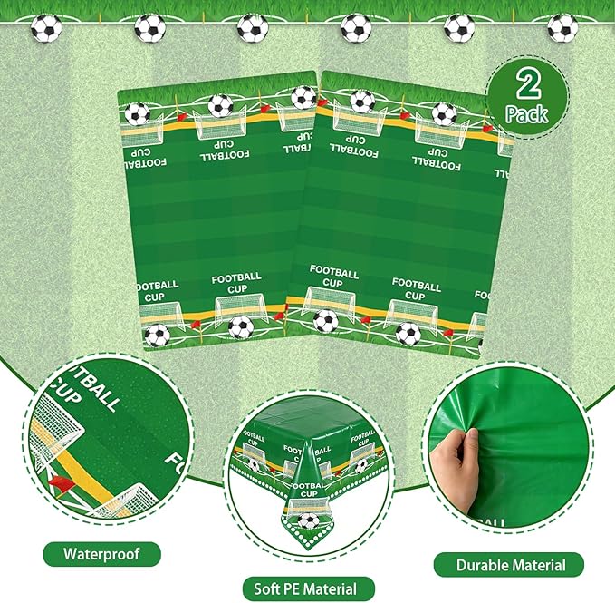 2Pcs Soccer Tablecloths, Soccer Party Decorations 54 x 108 inches Disposable Plastic Tablecloths for Sports Party Soccer Birthday Party Decorations