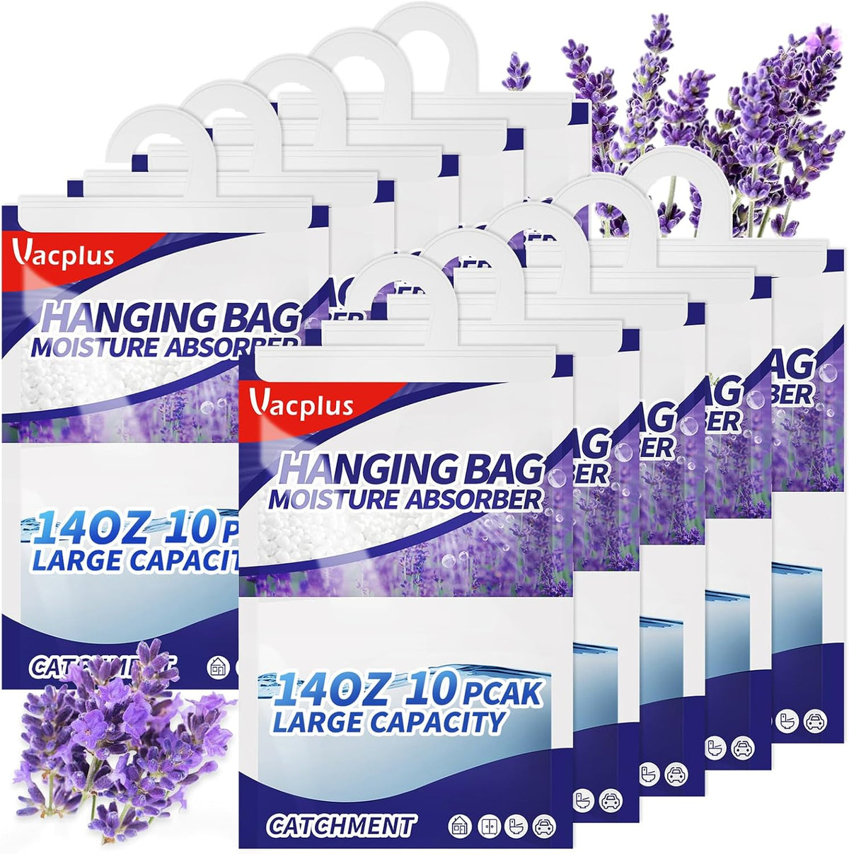 Vacplus Moisture Absorbers, Hanging Closet Dehumidifier Bags, Humidity Packs, Desiccant, Closet Dehumidifiers with Lavender Fragrance, 10 Pack, 14.0 OZ