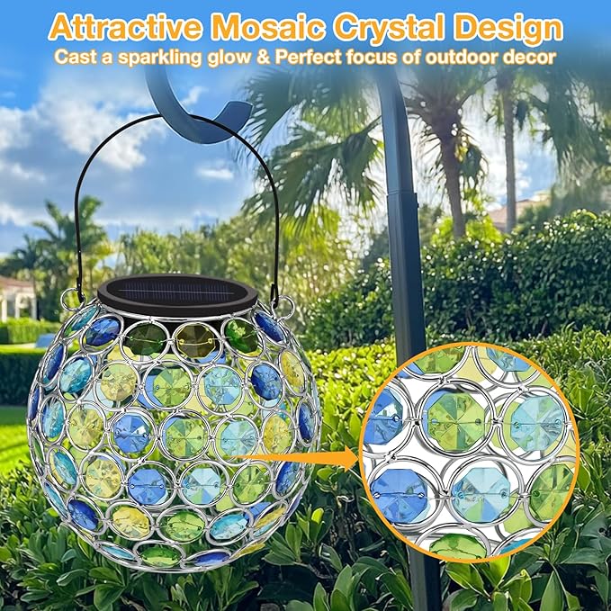 Uspring 2 Pack Crystal Mosaic Solar Lanterns Outdoor Waterproof Decorative Hanging Solar Lights for Outside, Gifts for Women Mom Grandma Garden Decor for Patio Backyard Porch Pathway Walkway, Blue