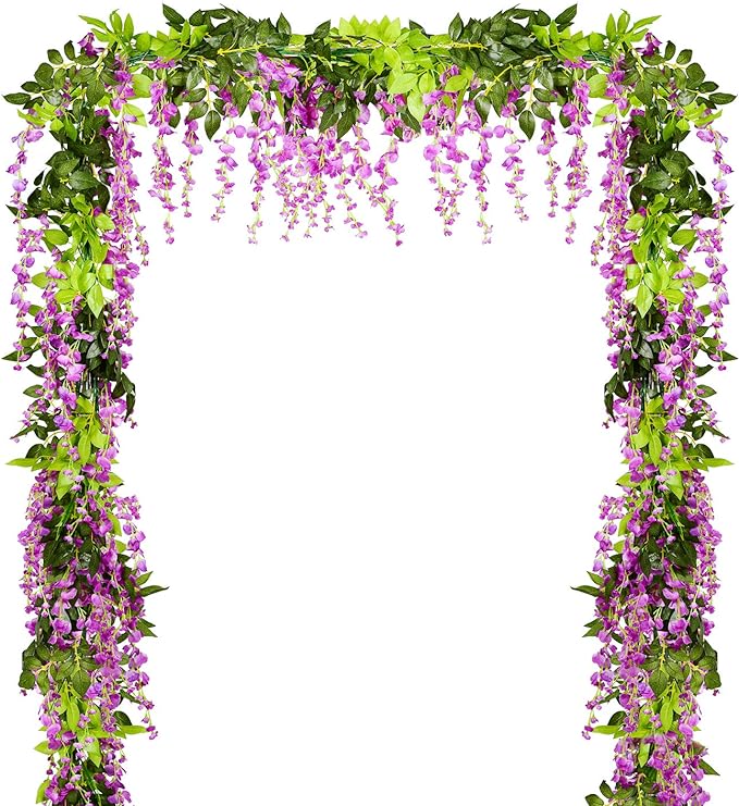 Lvydec Wisteria Artificial Flowers Garland, 4 Pcs Total 28.8ft Artificial Wisteria Vine Silk Hanging Flower for Home Garden Outdoor Ceremony Wedding Arch Floral Decor (Purplish Red)