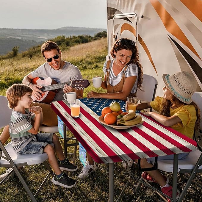American Flag Picnic Table Cover with Bench Covers, Waterproof Windproof Oilproof, Camping Essentials, Fitted Tablecloth Cover with Elastic Edge, for Indoor & Outdoor, Garden, 3 Pieces Set, 30x96 Inch