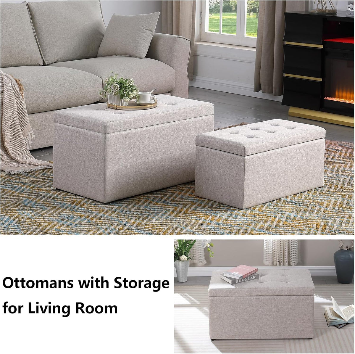 Storage Ottoman Bench with 2.56-inch Thick Seat, 31.5 inch Nesting Ottoman Set of 2, Hinged Flip Top Bench with Storage for Living Room, Bedroom, Beige