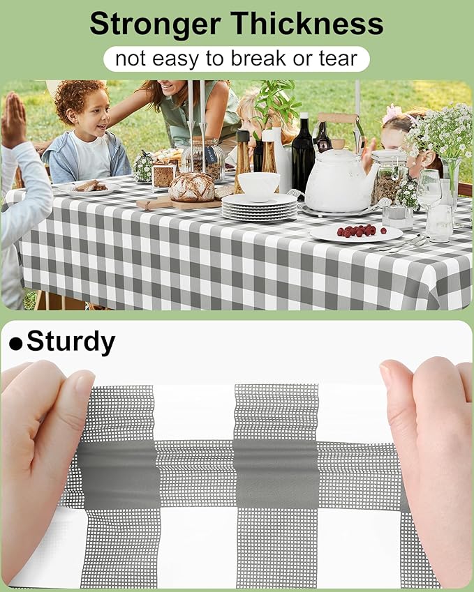 Smiry 8 Packs Gingham Disposable Table Cloth, 54 x 108 Inch Waterproof Plastic Tablecloth, Rectangle Grey and White Checkered Table Covers for Party, Birthday, Picnic, Banquet