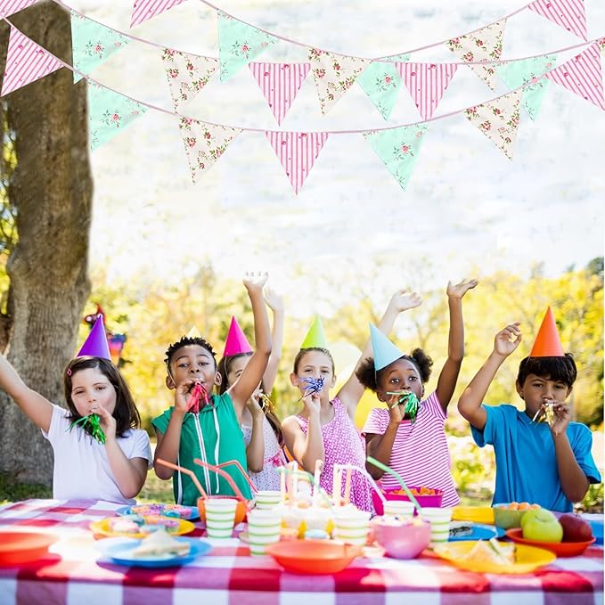 Zwiebeco 32Ft Pink Blue Floral Fabric Pennant Banner Bunting Cotton Flower Triangle Flag Decoration for Birthday Wedding Engagement Bridal Baby Shower Tea Party Spring Rustic Village Home Garden Décor