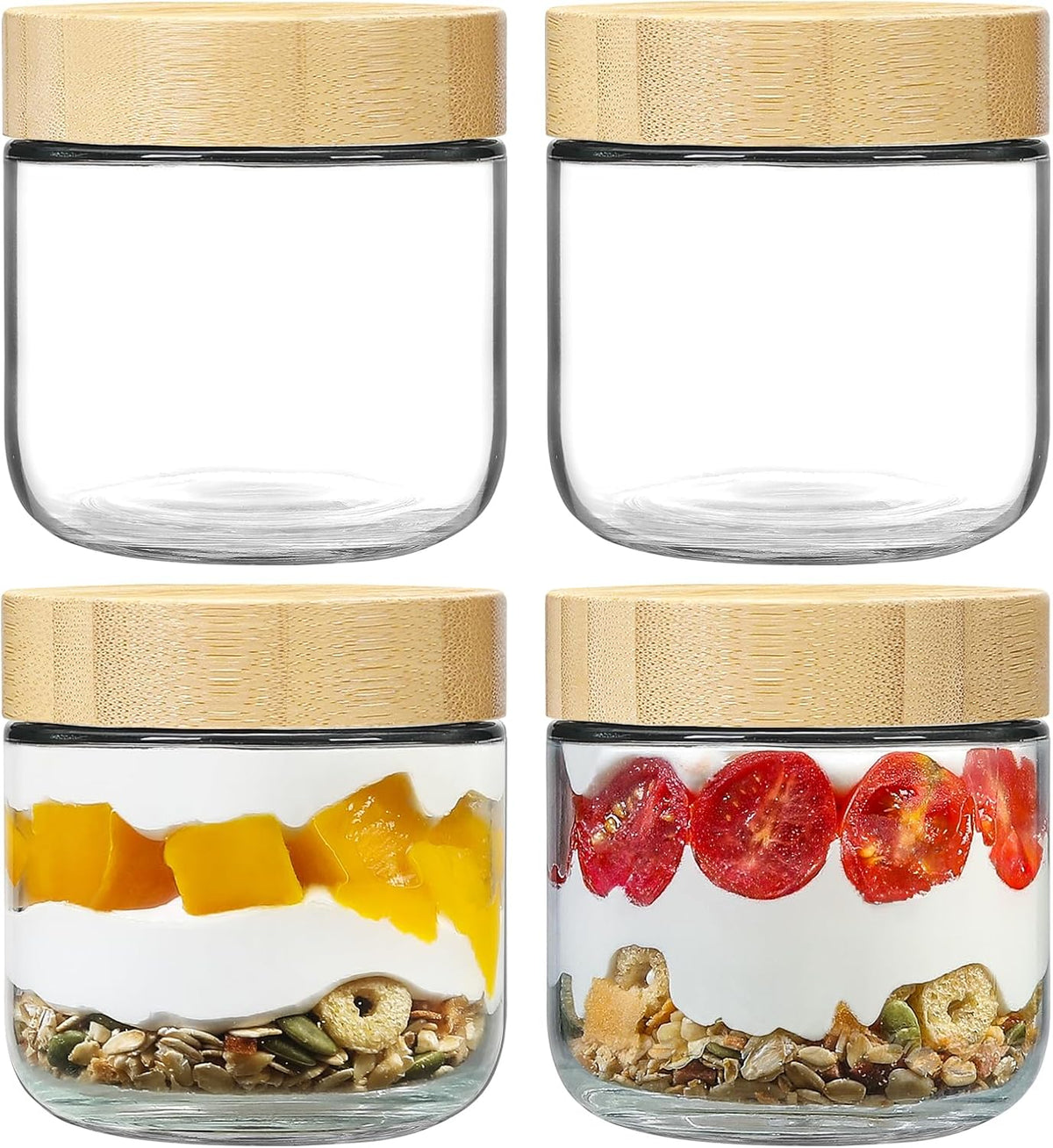 Netany 4-pack 8oz Glass jars with Airtight Lids, Overnight Oats Containers with Bamboo Lids, Wide mouth Mason Salad jars